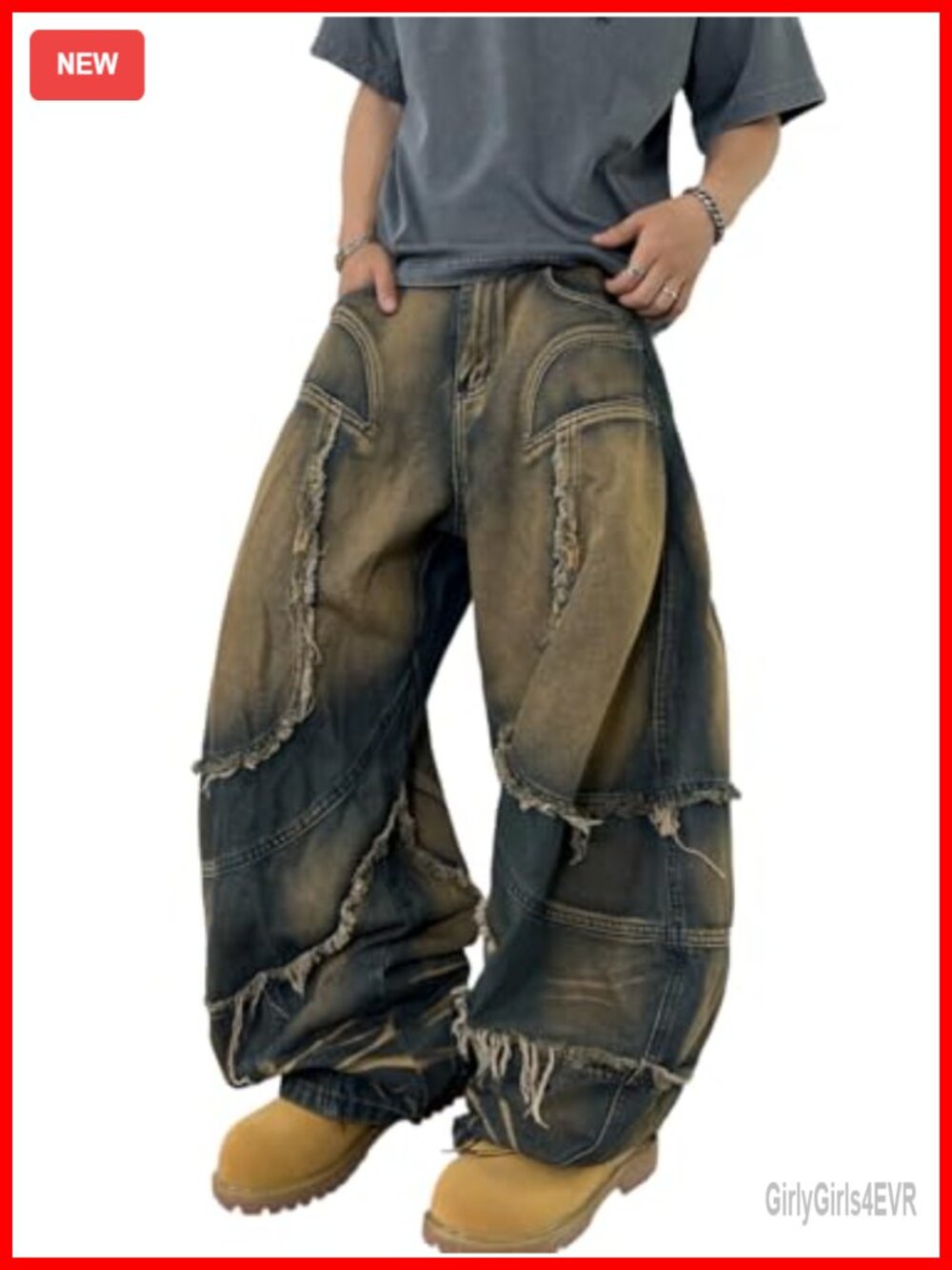 Men's Fringe Frayed Wide Leg Baggy Jeans Loose Fit Denim Streetwear